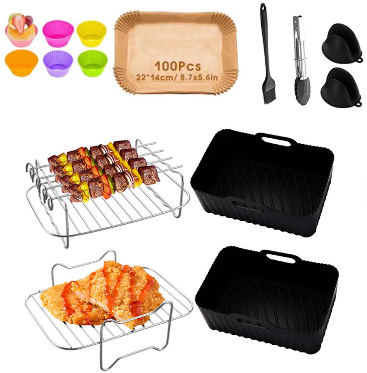 Vierkante siliconen inzetstukken voor de airfryer - Set van 10 - Herbruikbare siliconen inzetstukken voor de airfryer-Geschikt voor Ningja foodi DZ201/40/550