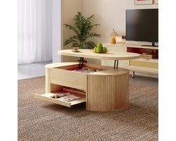 OKWISH Salontafel - In Hoogte Verstelbaar Blad - Met Uittrekbare Onderplank En Opbergruimte - 110×55,5×40 cm - MDF - Naturel