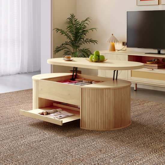 OKWISH Salontafel - In Hoogte Verstelbaar Blad - Met Uittrekbare Onderplank En Opbergruimte - 110×55,5×40 cm - MDF - Naturel