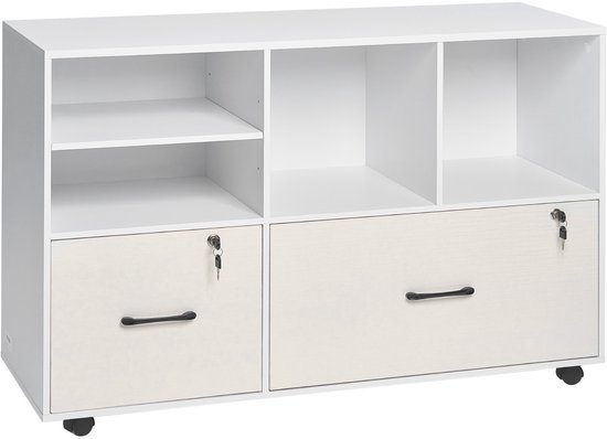 Stille, witte archiefkast met twee lades, open vakken en verrijdbare wieltjes.