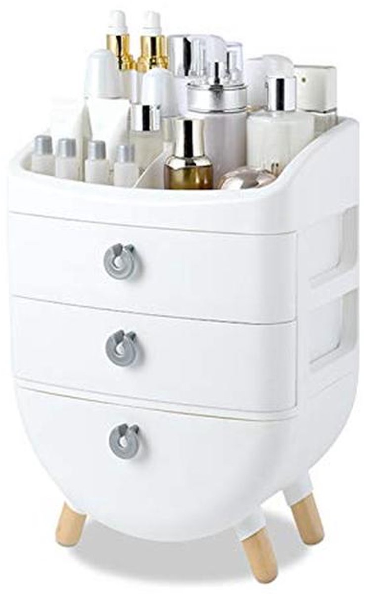 Eenvoudige Draagbare Make-up Organizer - Cosmetica Opbergbox met 2 Laden en Houten Poten - Wit
