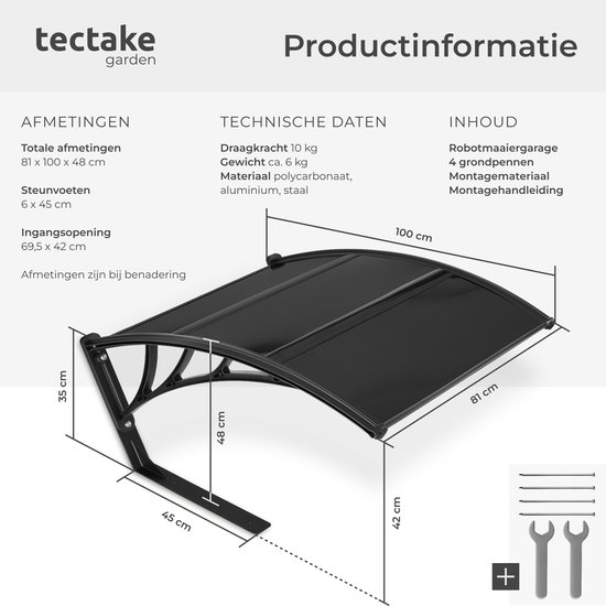 tectake® Garage voor Robotmaaier - Grasmaaier Carport - Robot Maaier Laadstation Afdak - Weerbestendig - 81 x 100 x 48 cm - Inclusief 4 Grondpennen - Zwart van Merkloos	 — afbeelding 3