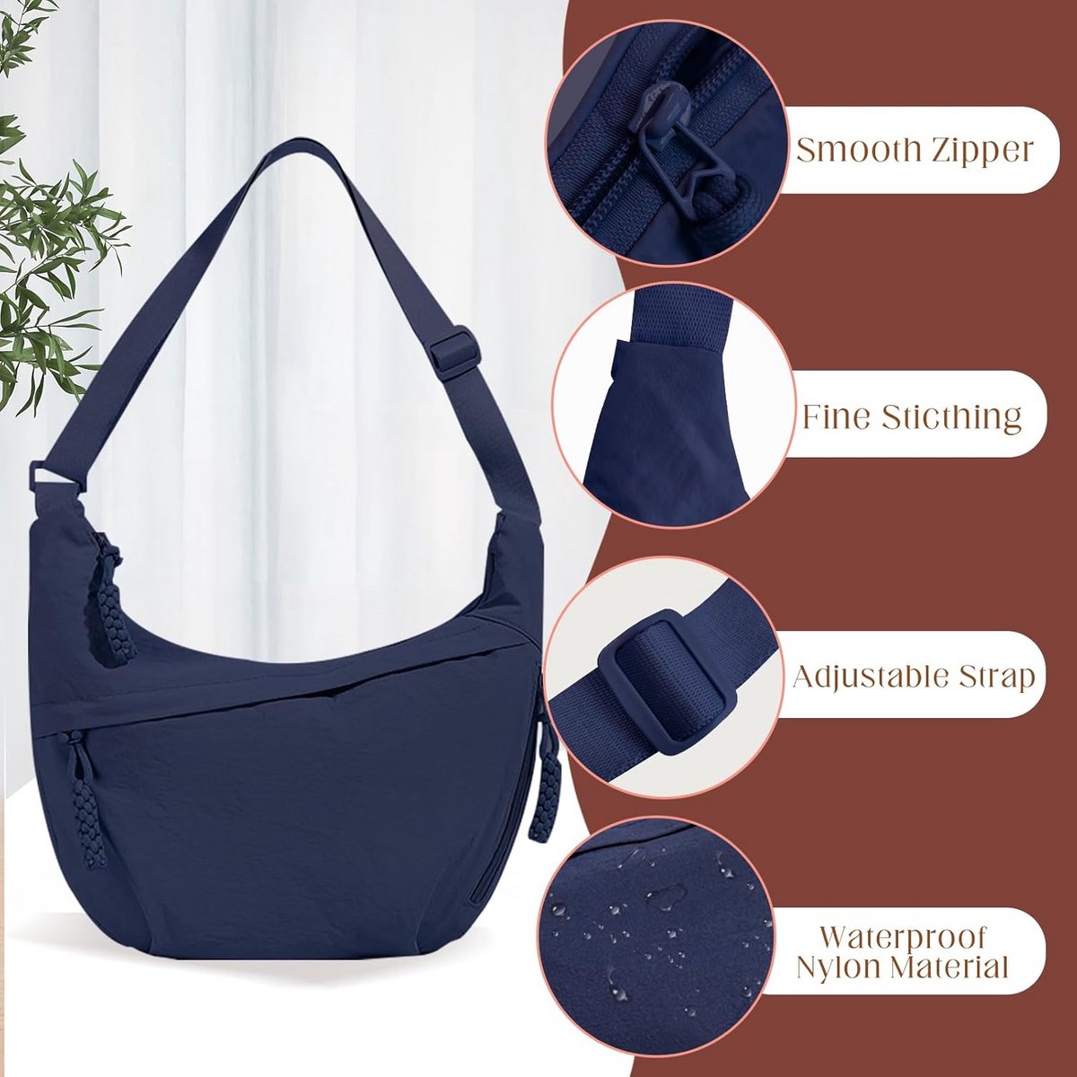 Crescent Schoudertas voor Dames - Nylon Halve Maan Hobo Tas met Verstelbare Riem