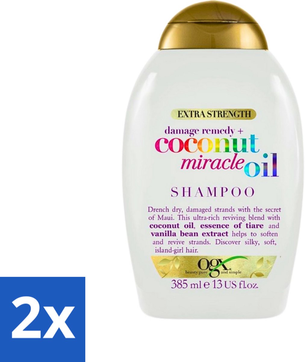 2 x OGX - Coconut Miracle Oil - Shampoo - Voor Droog & Beschadigd Haar - 385 ml - Droog Haar - Beschadigd Haar - Kokosolie Shampoo - Herstel Haar - Voedend Haar