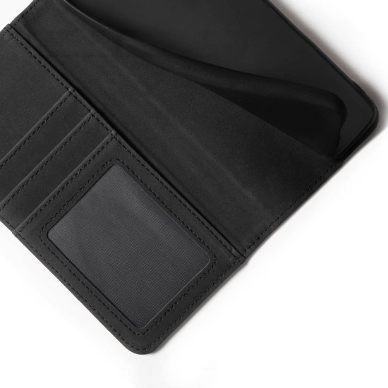 Étui portefeuille noir ouvert avec fentes pour cartes et une fenêtre transparente.
