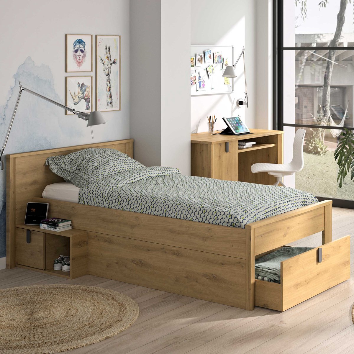 Kinder- En Tienerbed Met Opbergruimte Lugano | 90 X 200 Cm | Artisan Oak-design - Gautier - Gami - Eenpersoons Bedkader - Bruin - MDF Eenpersoons Normaal Bed