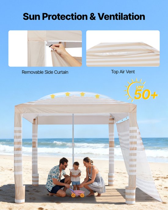 VEVOR Strandcabana, 240x240cm Strandluifel met Zijwanden, UPF 50+ Zonbescherming, Cabana met Zandzakken, In Hoogte Verstelbaar en Draagbaar Zonnescherm, Khaki Witte Strepen van Vevor — afbeelding 3