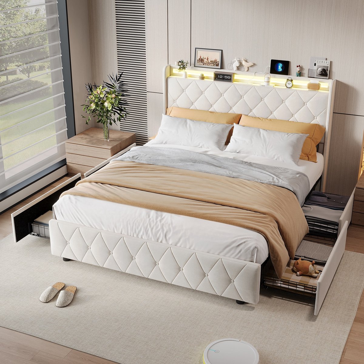Modern opbergbed met ledverlichting en USB-oplaadpunt, 4 lades, 140/160x200cm, kinderbed, fluwelen stof, zonder matras
