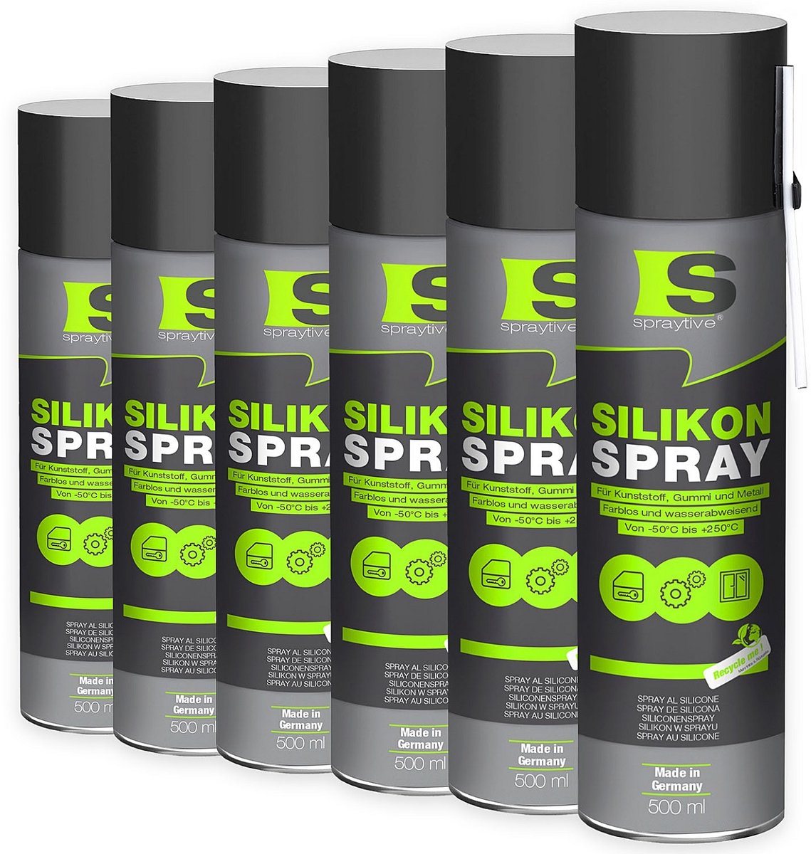 Spraytive 6x 500ml siliconenspray smeermiddel glijspray voor rubber kunststof en metaal waterafstotend beschermt en vermindert piepen