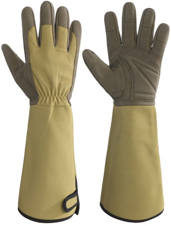 Lange, beige tuinhandschoenen met grijze vingers en manchetten, getoond op witte achtergrond.