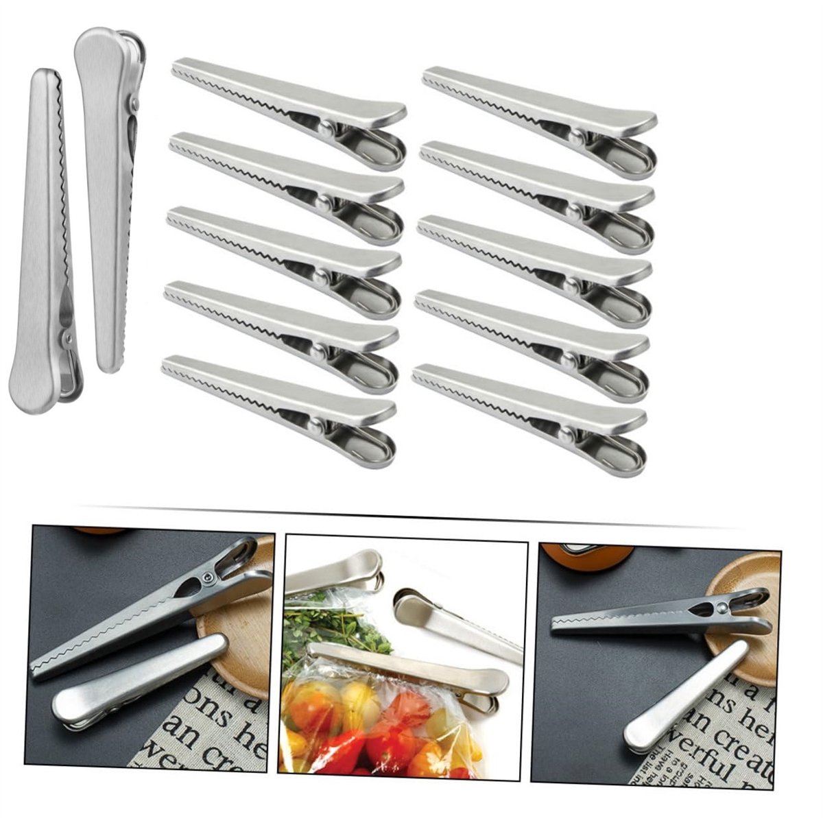 carmdering - Roestvrij Staal - Zakafdichtingclips - Houdt Voedsel Vers Met Luchtdichte Sluiting - 12 Stuks - Keukengebruik Voor Brood En Snacks Zilver