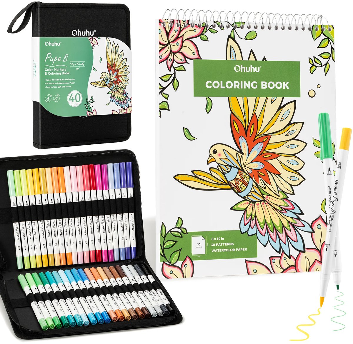 Ohuhu - Pupe Paper-friendly - Brush & Fineliner - Dual Tip Brush markers - waterbasis - 40 kleuren + Coloring Book