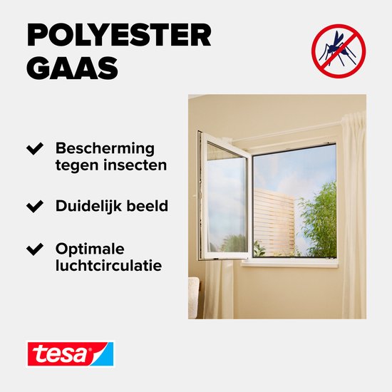 Tesa Polyester gaas voor insectenwering met tekst "Bescherming tegen insecten, Duidelijk beeld, Optimale luchtcirculatie".