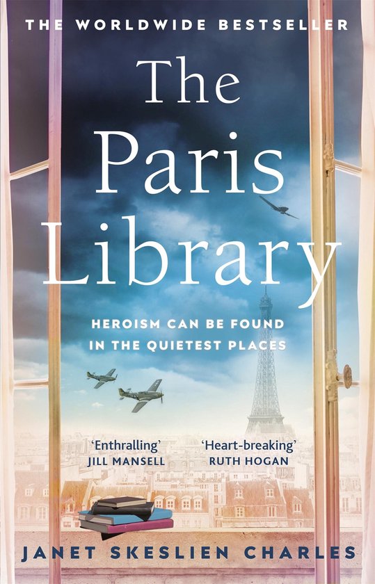 Boekcover van 'The Paris Library' met de Eiffeltoren, twee vliegtuigen en de tekst 'THE WORLDWIDE BESTSELLER'.