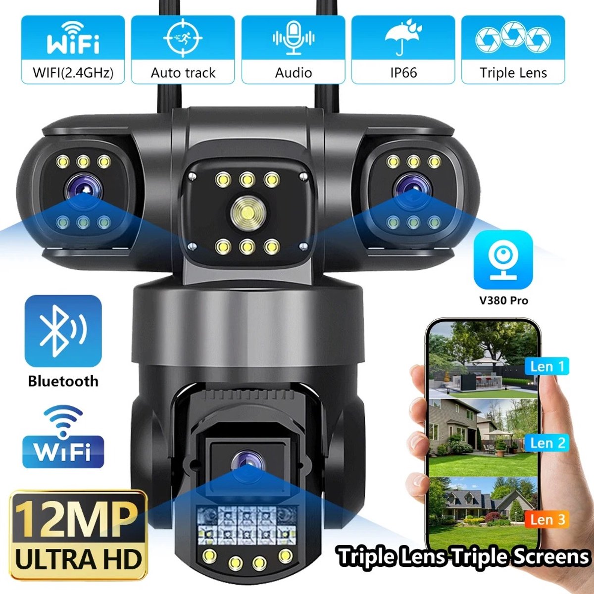 JAQZY Beveiligingscamera's - Met Drievoudige Lens - Wifi - 12MP-Resolutie - 360° Bewaking - 10x Digitale Zoom - Tweerichtings Audio – foto 5