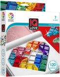 Doos van IQ Love spel, met gekleurde hartvormige stukken en "7 to adult" en "120 challenges" indicaties.