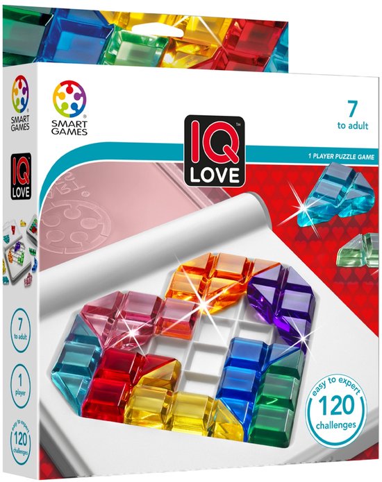 Doos van IQ Love spel, met gekleurde hartvormige stukken en "7 to adult" en "120 challenges" indicaties.