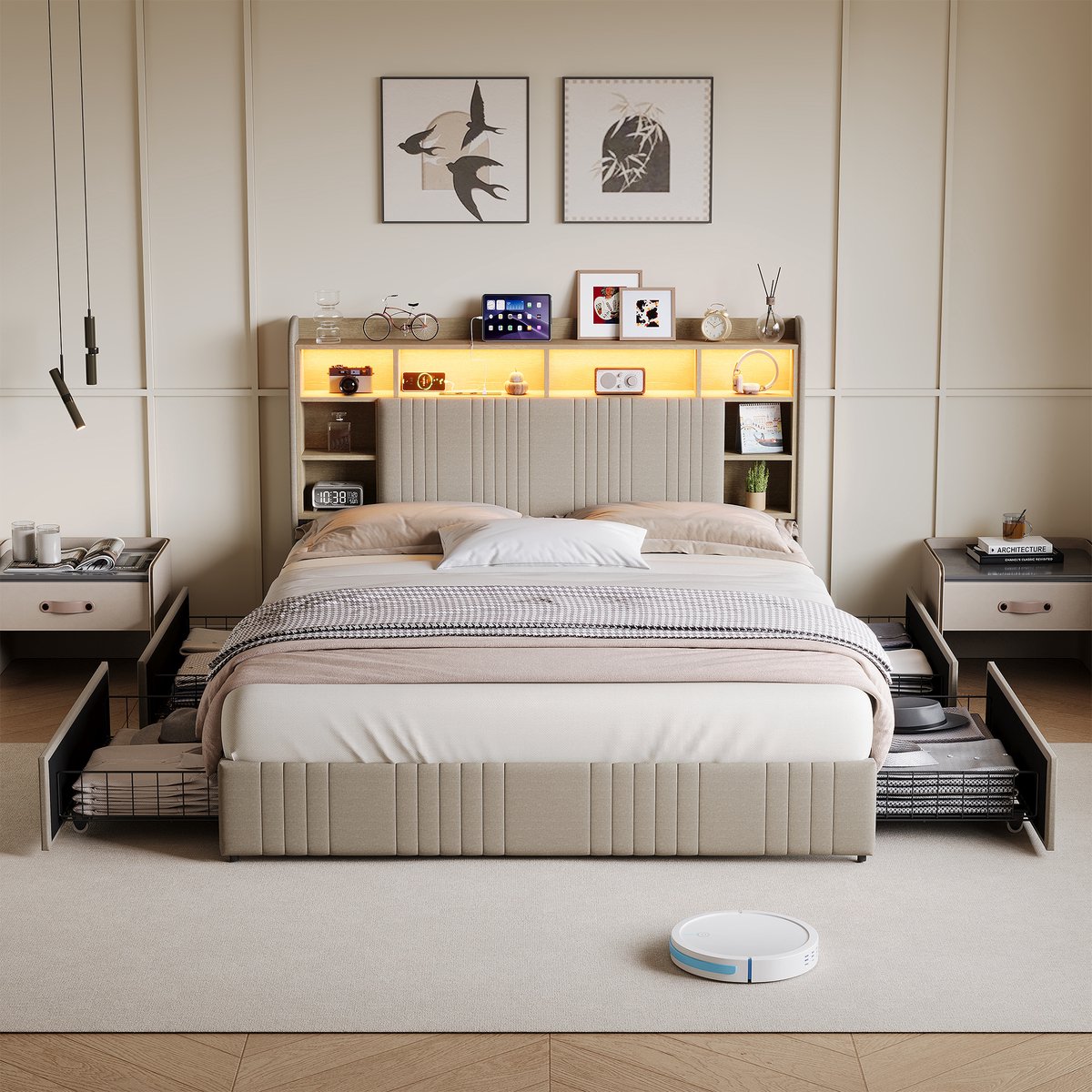Solvenrik Bedframe met Lades 140x200 – LED & USB-C + Stopcontact – Hoofdbord met Opbergvakken – Linnen Beige