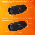 Afmetingen van de zwarte JBL Charge 6 speaker in millimeters en inches.