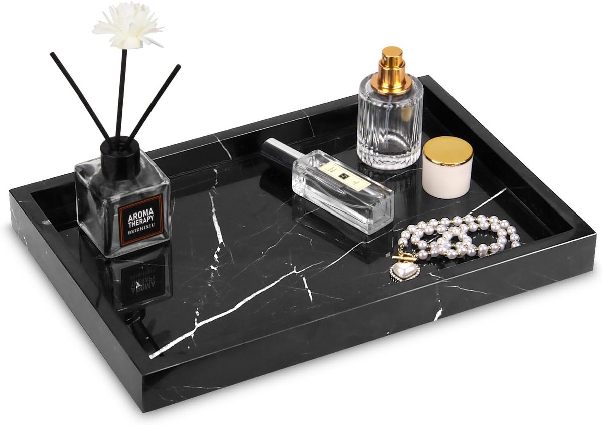 Luxe Marmeren Dienblad Zwart - Decoratieve Tafel- en Wastafelplateau voor Keuken, Badkamer
