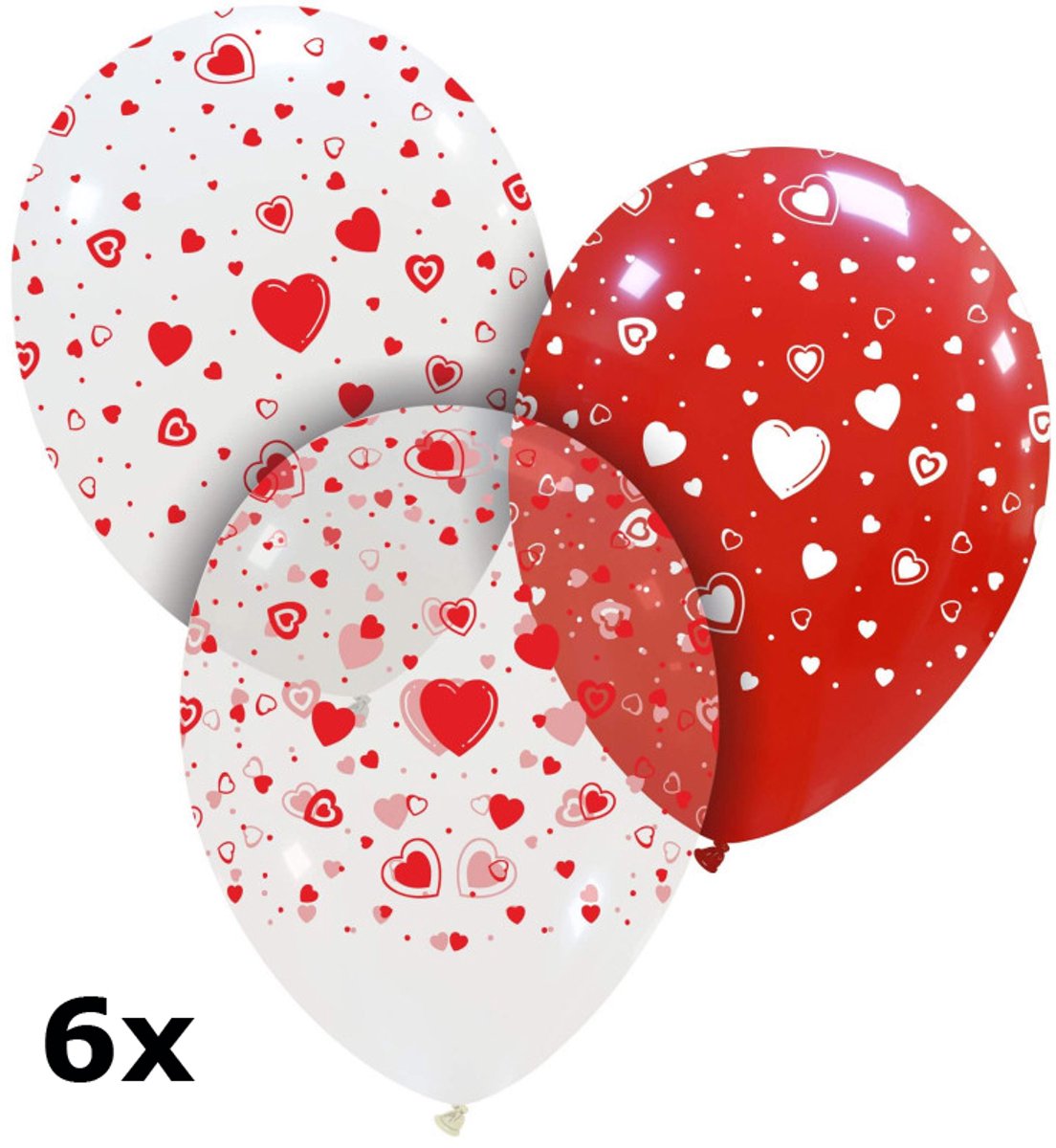 Hearts ballonnen mix rood-wit-clear, 6 stuks, 30cm