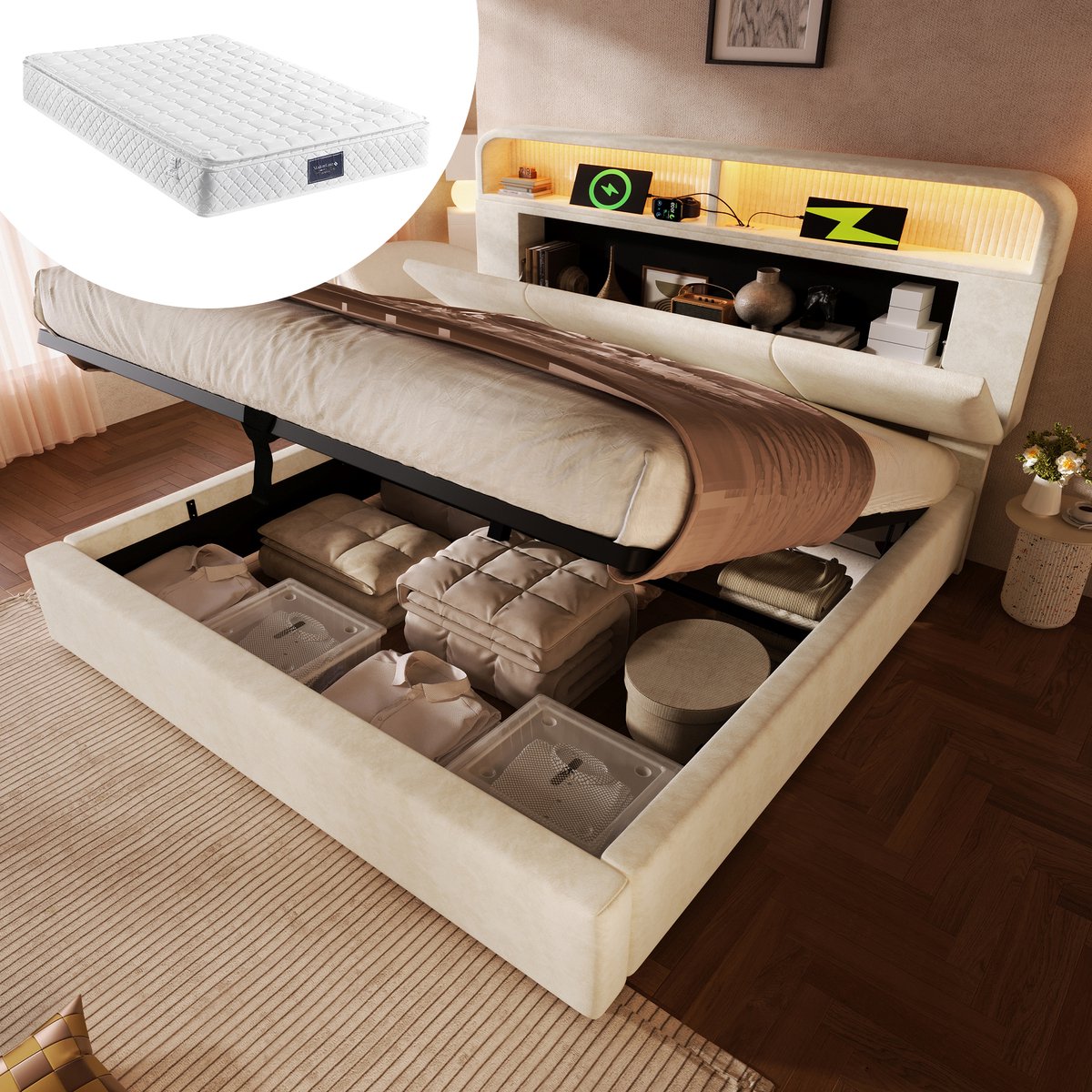 MODFU Bedframe 140x200 cm – Verstelbaar hoofdbord met opbergvak & LED – Hydraulisch – Beig