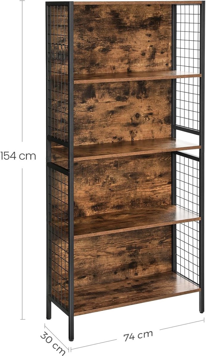 Boekenkast & Kantoorplank Casa Velluto – 4-laagse Vrijstaande Ladderplank met S-haken – Industrieel Vintage Bruin-Zwart – Wand- of Vloerplank voor Kantoor, Woonkamer, Studeerkamer, Keuken – Stalen Frame & Ruimtebesparend Design, 30 x 74 x 155 cm