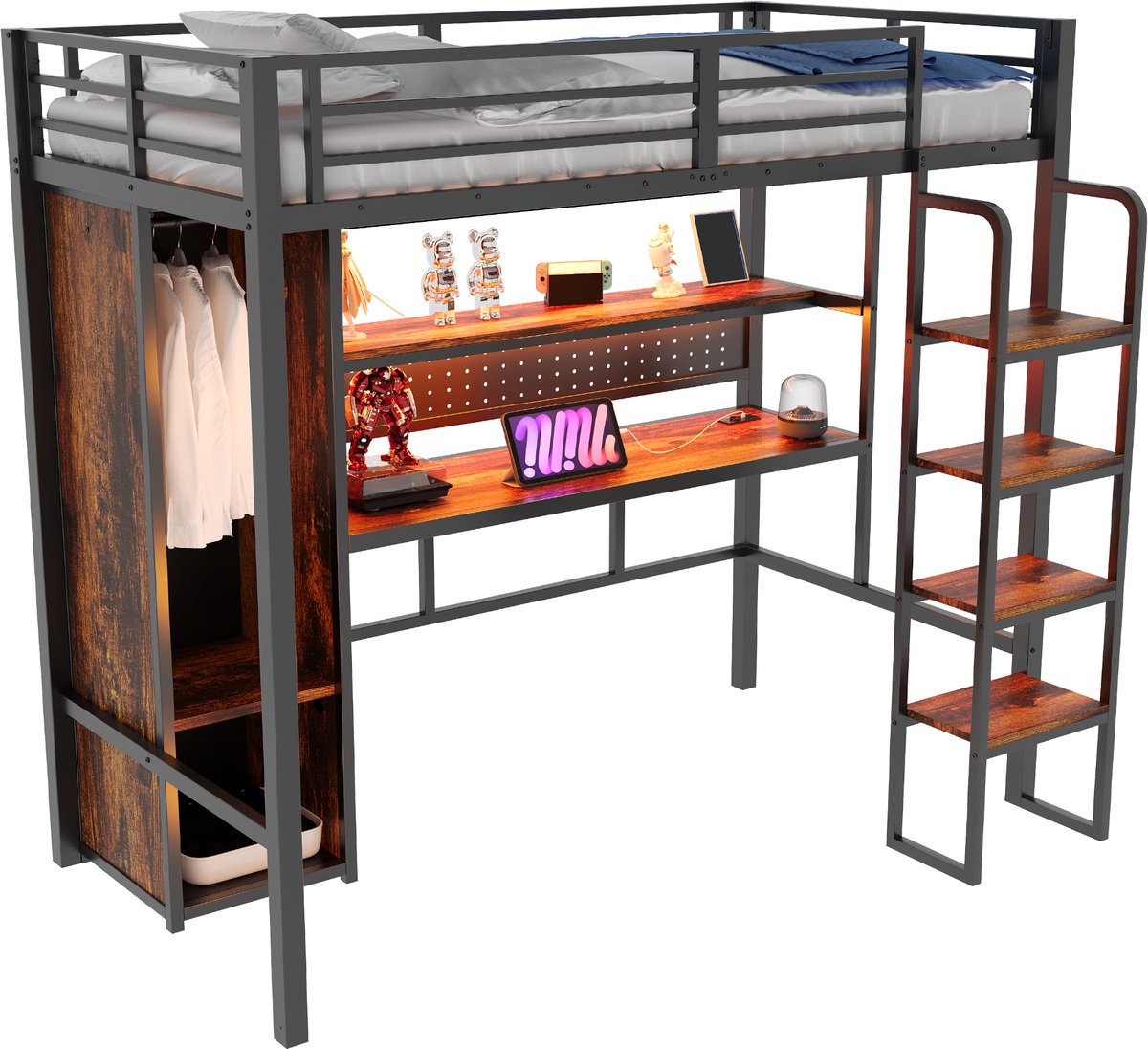 REDOM Hoogslaper – 90x200 cm – Met bureau & prikbord – Kledingkast & opbergrek – LED-verlichting – Metaal & MDF – Zwart
