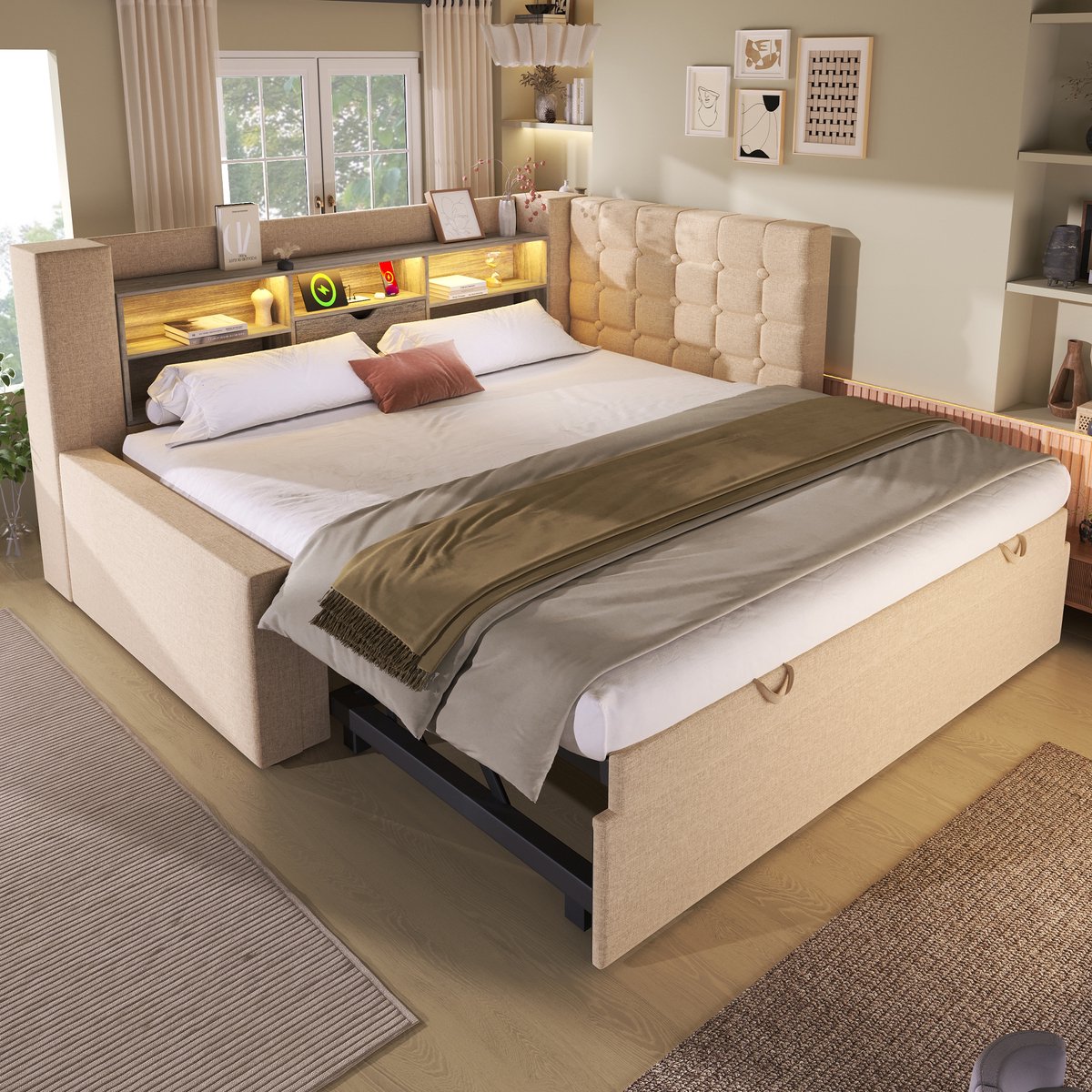 REDOM gestoffeerd bed met uitschuifbed 90x200 + 90x190 cm – Linnen beige – LED, USB/Type-C