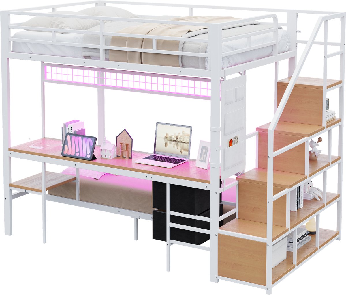 REDOM Hoogslaper – Boven 140x200 cm / Onder 90x200 cm – Met Bureau & LED – Stopcontacten – Metaal & Hout – Wit