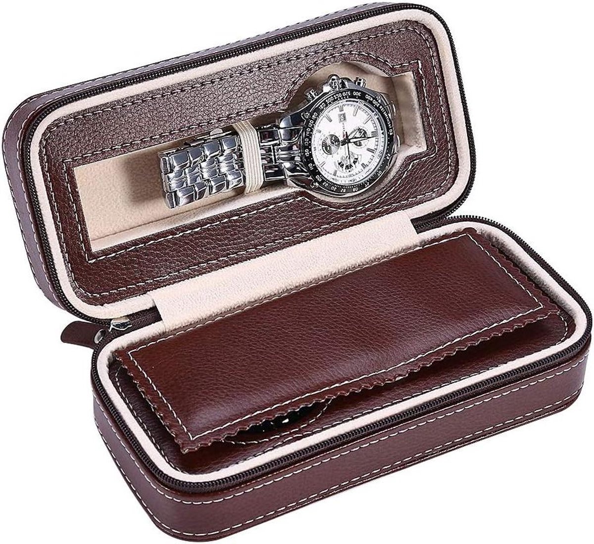 Horlogehouder met twee slots - Rits horlogeopbergdoos - Geschikt voor paar horloges - Zwart organiserende horlogebox met case - Horlogehouder met ritssluiting en 2 vakken