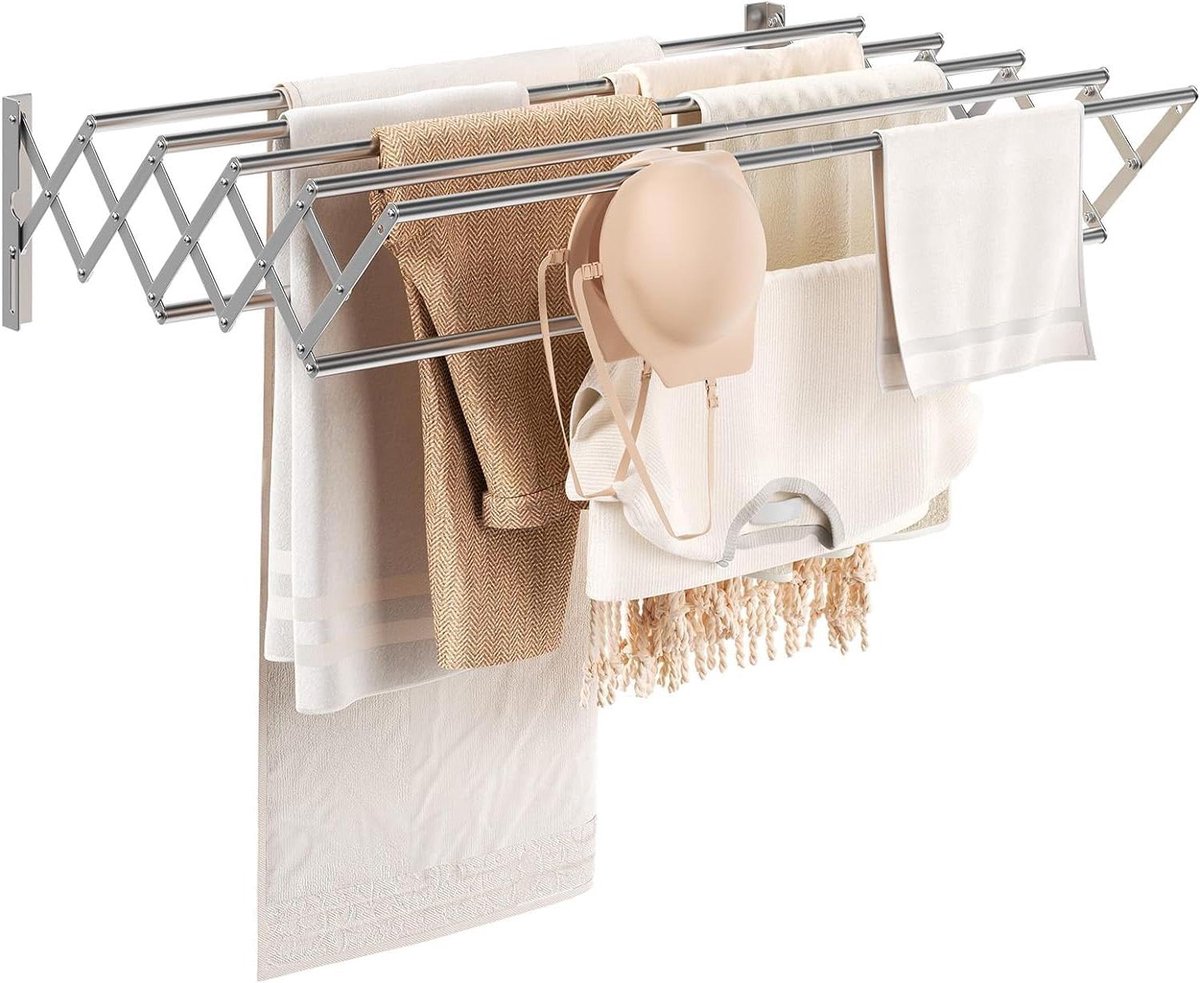 Opvouwbaar wandwasrek met intrekbare kleerhanger, handdoekhouder en uittrekbaar rek - Ruimtebesparend en praktisch - Wasrek voor in de badkamer of wasruimte
