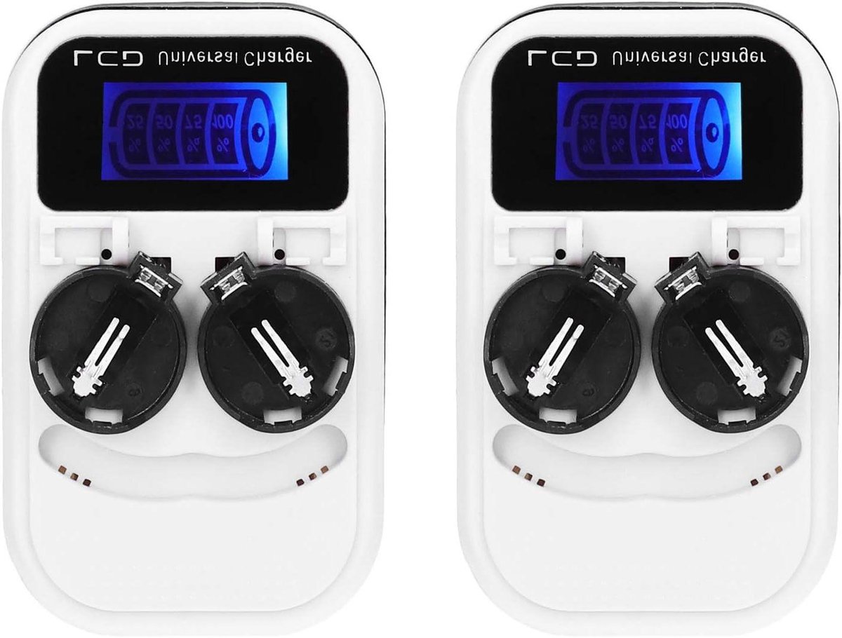Allecto- Oplaadbare Knoopcellader - LCD-scherm - Dubbele Batterij Opladen - LIR2016 LIR2025 LIR2032 - ML2016 ML2025 ML2032 - CR2032 - EU-stekker - 2 Stuks - Geschikt voor LCD - Zwart - Wit.