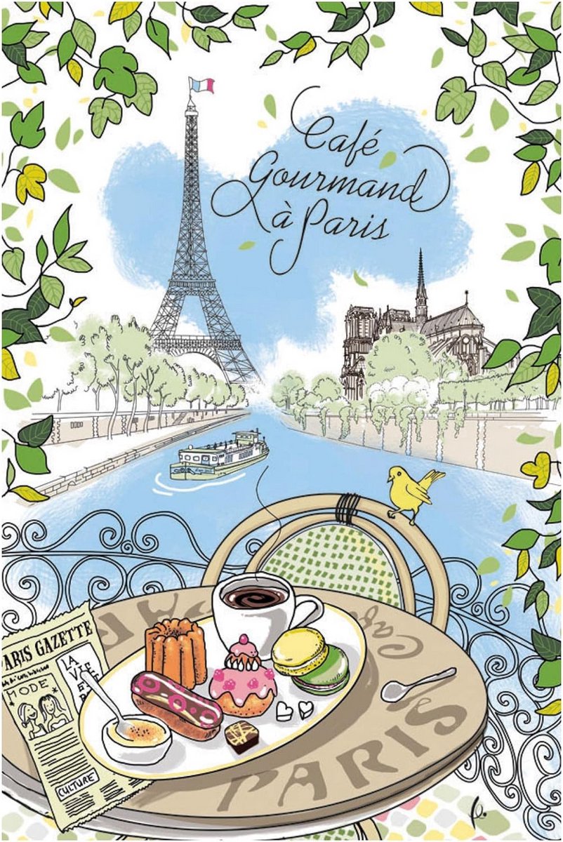 Katoenen Theedoek Paris Café Design Wit - Absorberend Keukenlinnen 48x72 cm