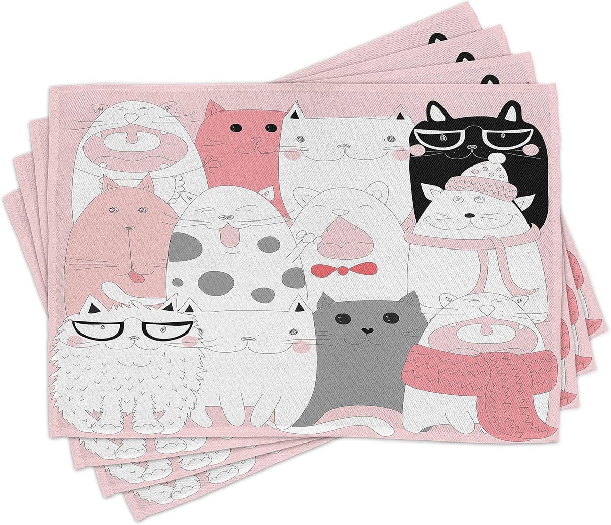 Placemat Set van 4 - Grappige Katjes Humor Doodle - Lichtroze en Zwart - Wasbaar Weefsel