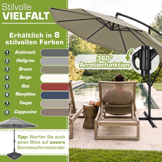 Beige zweefparasol in 360 graden verstelbare stand naast een zwembad. Kleurenpalet met 8 opties.