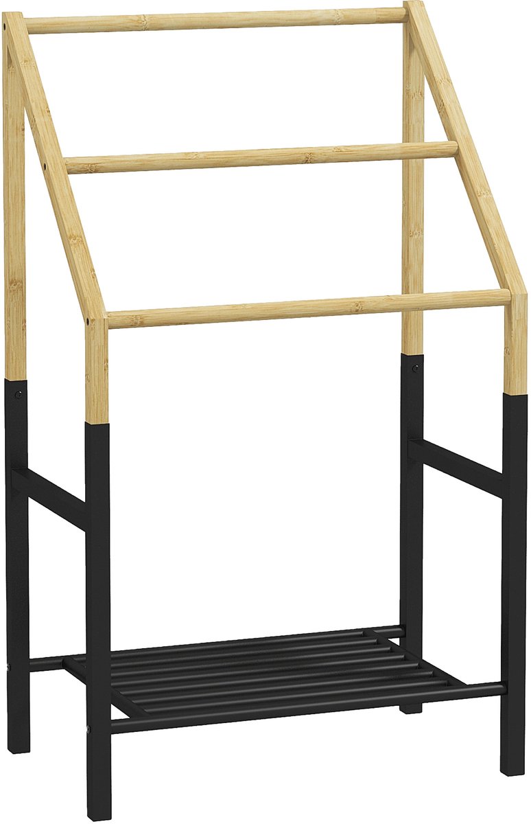 Vrijstaande Handdoekhouder – 3 Stangen, 51 x 31 x 85,5 cm, Zwart/Natuurlijk Hout