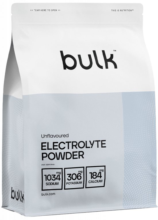 Bulk Unflavoured Electrolyte Powder verpakking met vermelding van 1034mg natrium, 306mg kalium en 184mg calcium per portie.