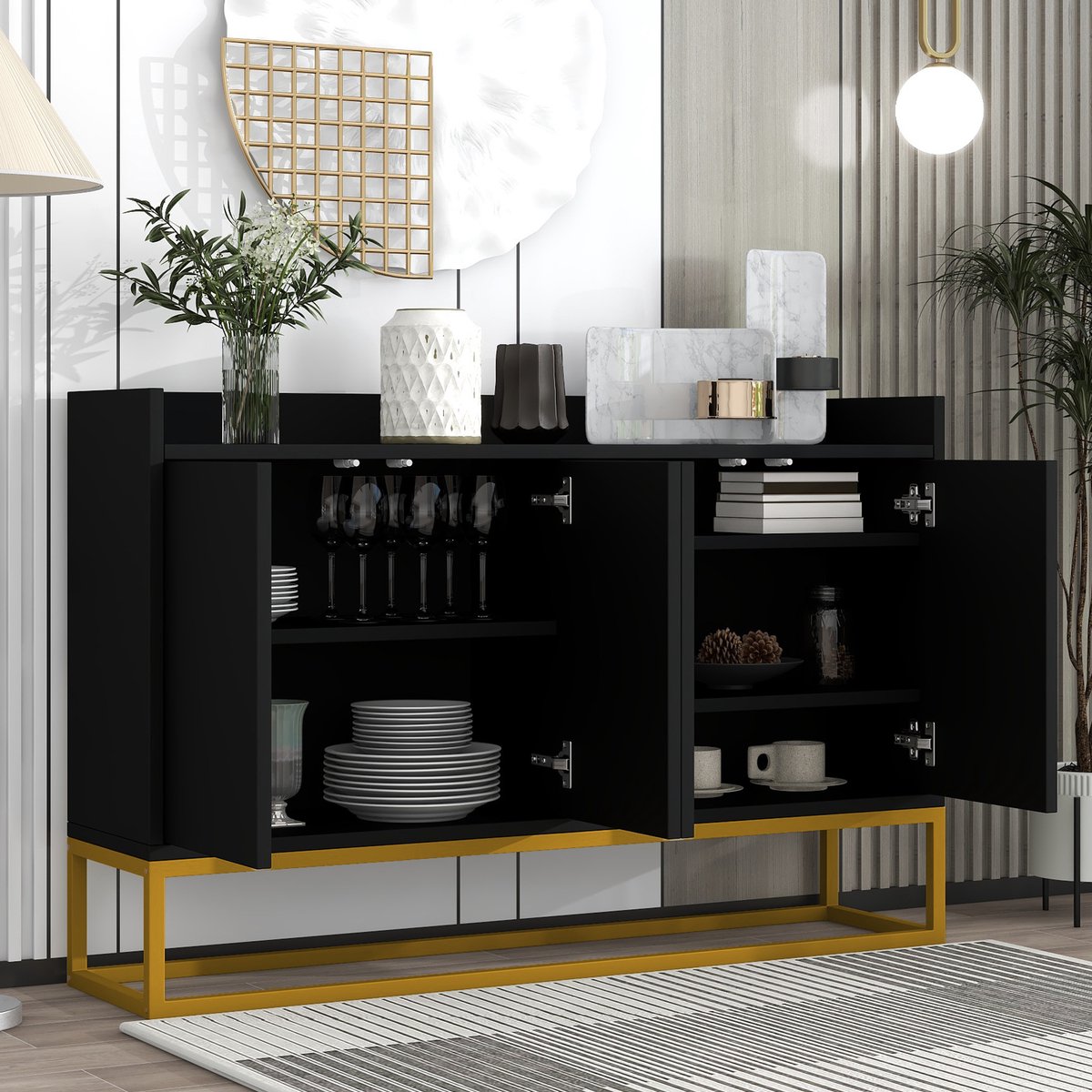 OKWISH Dressoir - Greeploos Met Drukmechanisme - Voor Woonkamer Keuken Hal - Zwart Spaanplaat Met MDF Blad - 120x30x80 Cm