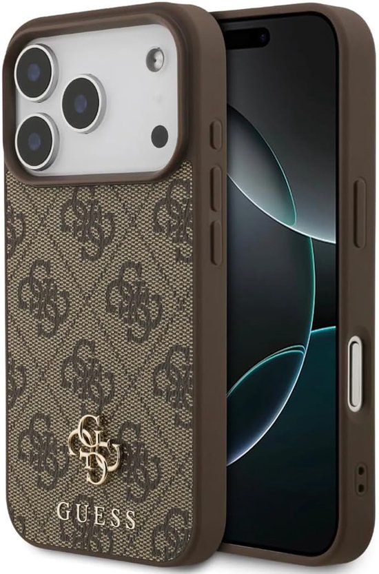 Étui de téléphone marron Guess avec imprimé logo G intégral et logo doré. Le téléphone est visible avec un fond d'écran sombre.