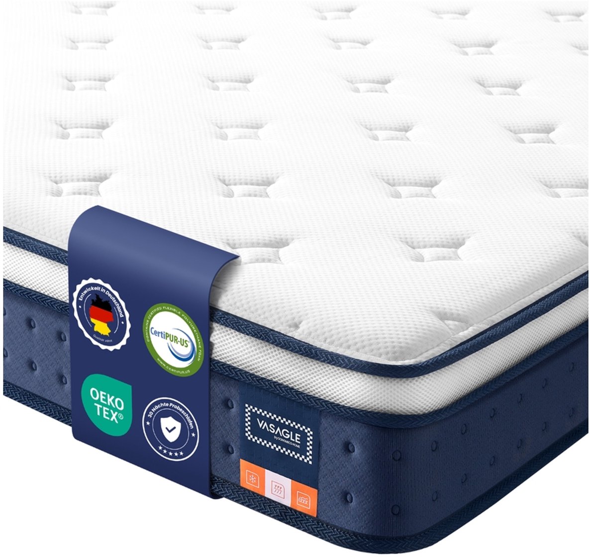 Pocketveringmatras – 90 x 200 x 25 cm – Gel-traagschuim – Gemiddelde stevigheid H3 – 7-zone ondersteuning – Blauw