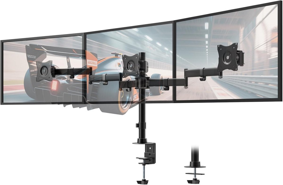 Monitor Standaard voor Drie Schermen tot 27 Inch - Bureauklem, Volledig Verstelbaar