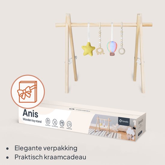 Houten speelboog met speelgoed, in een doos met de tekst 'Anis'. De verpakking is elegant en praktisch als kraamcadeau.