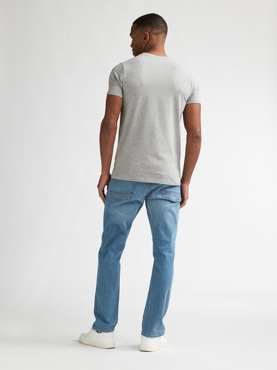 Man, achterkant van een effen lichtgrijs T-shirt met korte mouwen en een lichtblauwe jeans.
