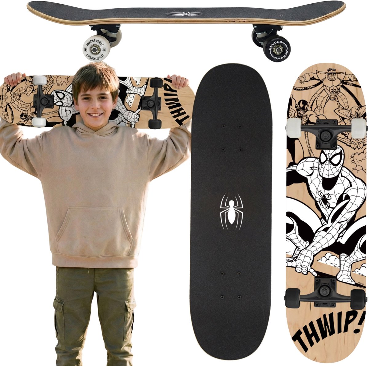 MARVEL Spider-Man Houten skateboard voor jongeren groot 79 cm antislipboard tot 100 kg Zwart