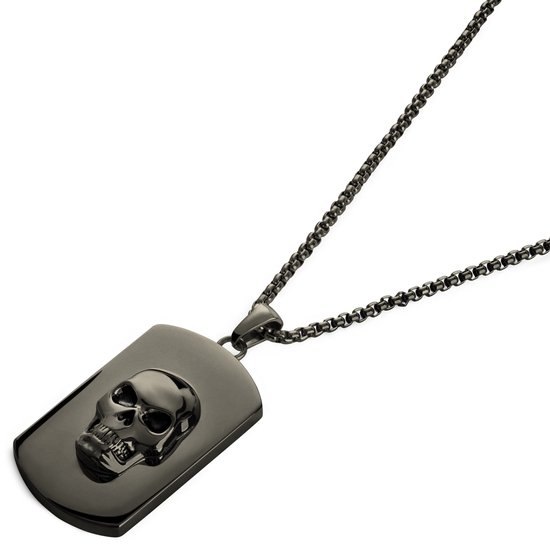 Een donkergrijze roestvrijstalen dogtag ketting met een opengewerkte schedel in reliëf.