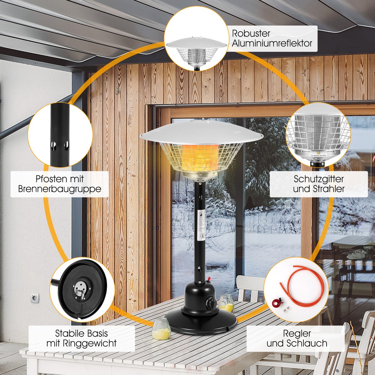 COSTWAY Terrasverwarmer voor Tafelblad, Gasverwarmer, Draagbare Tafelverwarmer met 4000 W Verwarmingsvermogen, Kantel- en Oververhittingsbeveiliging, Paddestoelverwarmer met Verzwaarde Basis voor Tuin en Terras (Zwart) – foto 3