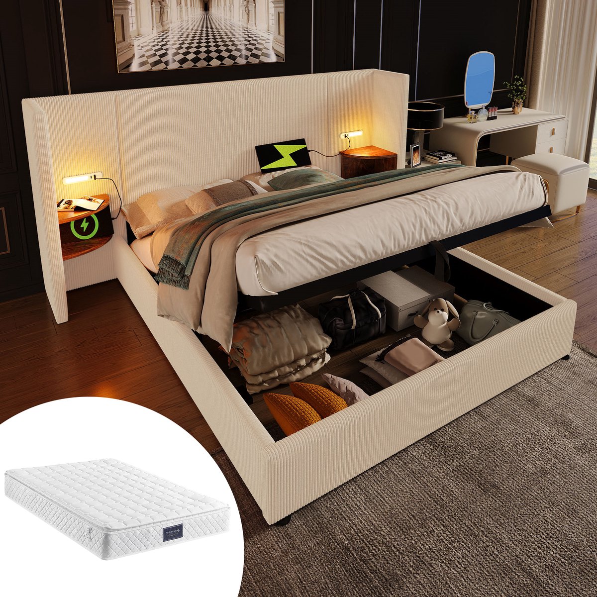 REDOM Opbergbed 160x200 cm – Corduroy – Hydraulisch – Leeslamp & USB/Type-C – Beige – 200 