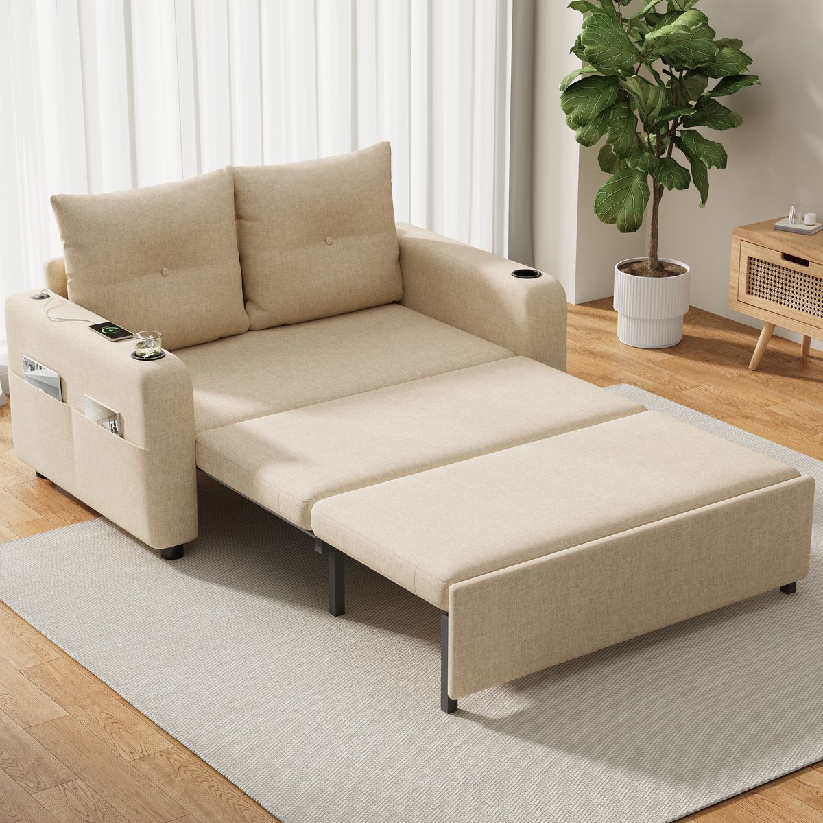 Sweiko Tweezitsbank - Uitschuifbare slaapbank - Slaapfunctie - Met bekerhouders - 2 kussens - USB-poorten - Beige