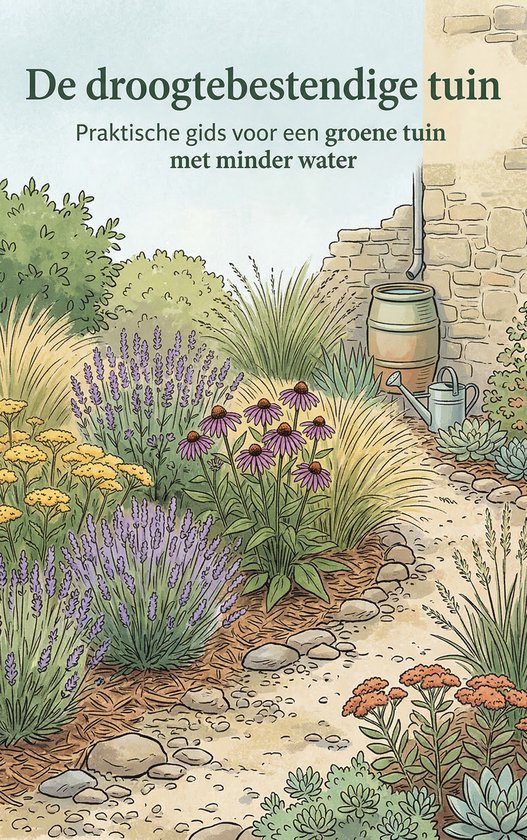 Boekomslag met illustratie van een droogtebestendige tuin met pad, lavendel, coneflowers en steenmuur.